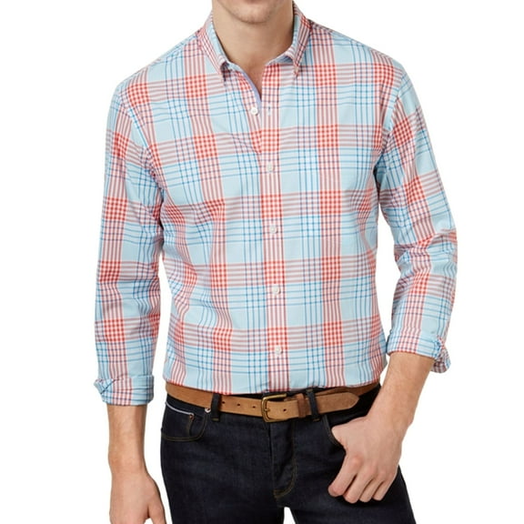 Club Room Men's Plaid Button-Down Long Sleeve Shirt, Lipstick Coral, Size M