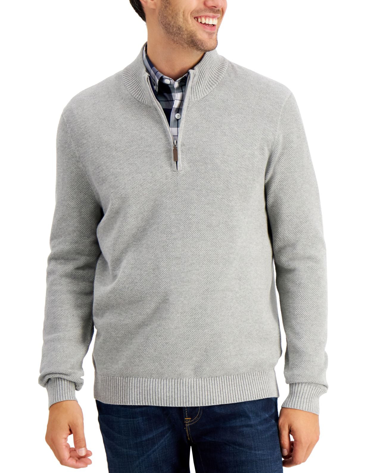 Club Room Men’s Quarter-Zip Textured Cotton Sweater, Gray, Small