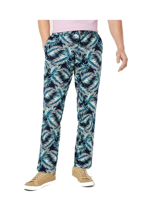 Mens Regular-Fit Stretch Palm-Print Pants, Navy, 34X30