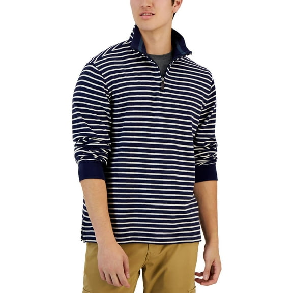 Club Room Mens Classic Fit Striped French Rib Quarter Zip Sweater Navy Blue Heather XL