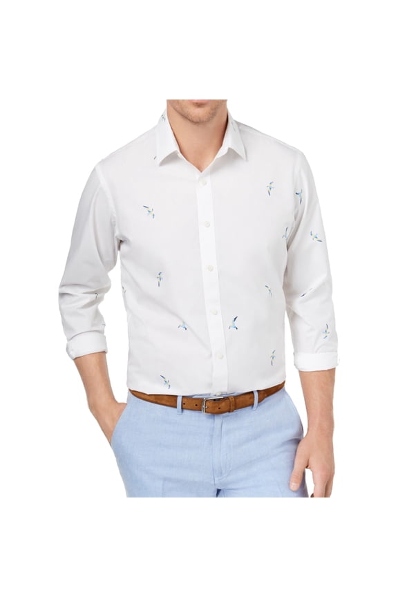 Mens Bird Print Button Up Shirt, White, X-Large