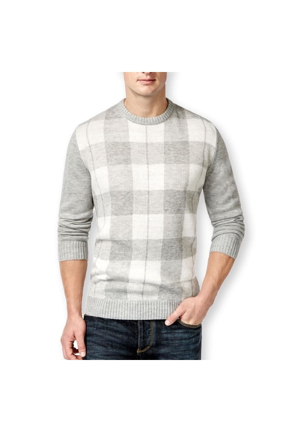Mens Buffalo Plaid Pullover Sweater, Grey, Small