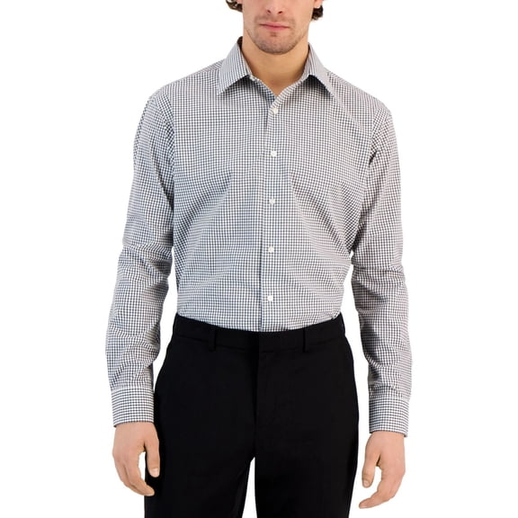 Club Room Mens Check Button Down Dress Shirt, Black, 15-15.5