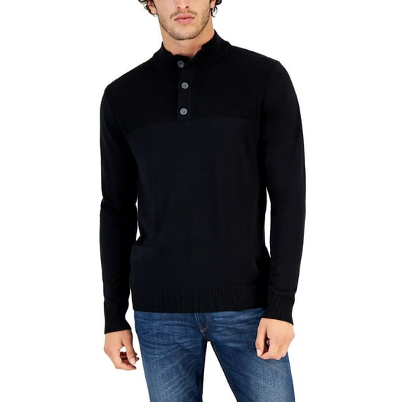 Club Room Men's Button Mock Neck Sweater Black XL