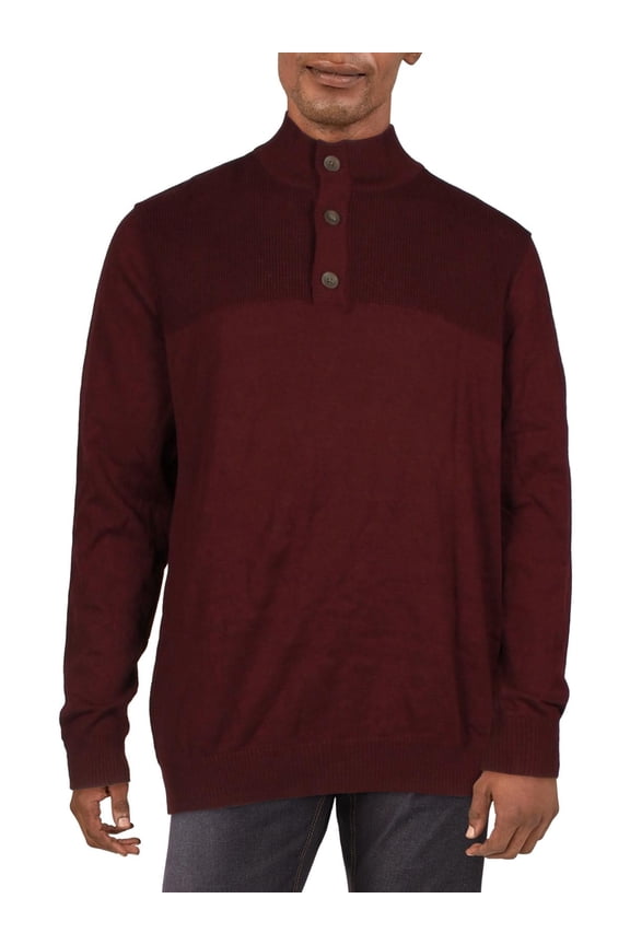 Mens Button Mock Neck Sweater Red Plum 2XL