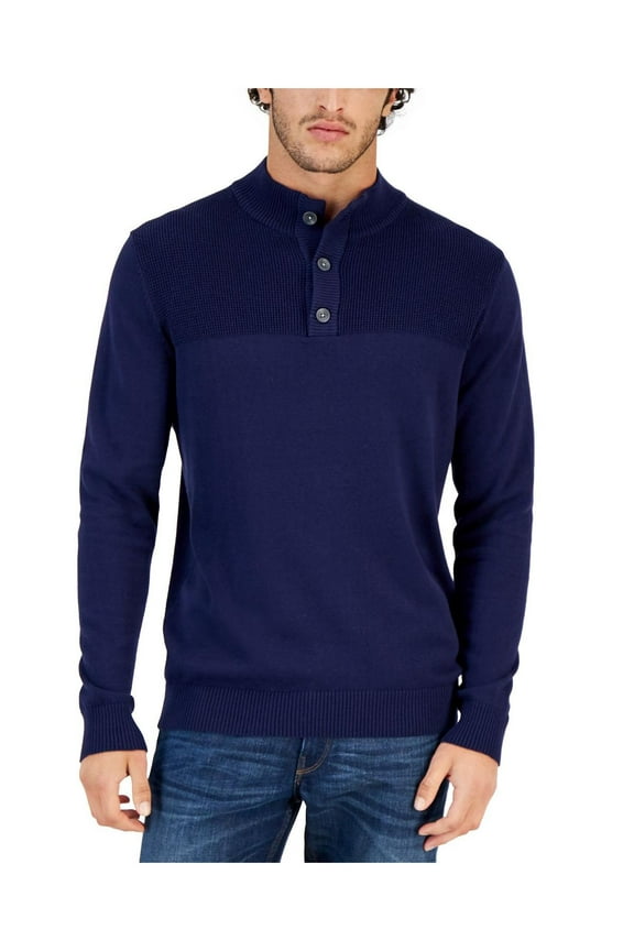 Mens Button Mock Neck Sweater Navy Blue XL