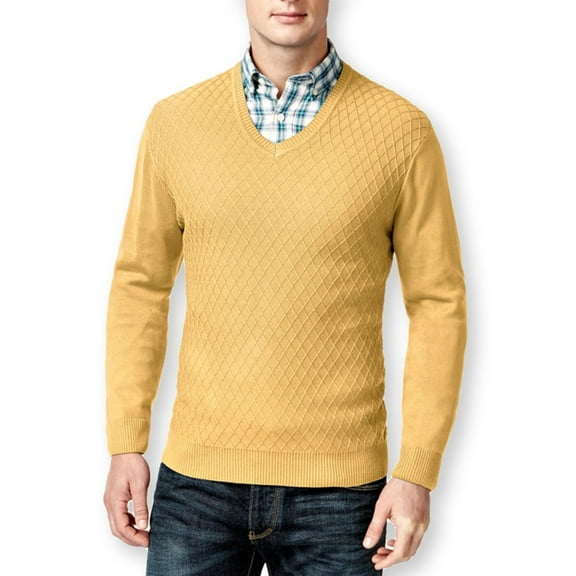 Club Room Mens Diamond Knit V-Neck Pullover Sweater, Yellow, Medium