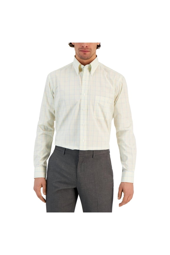 Mens Ditto Plaid Button Down Dress Shirt, Yellow, 15.5