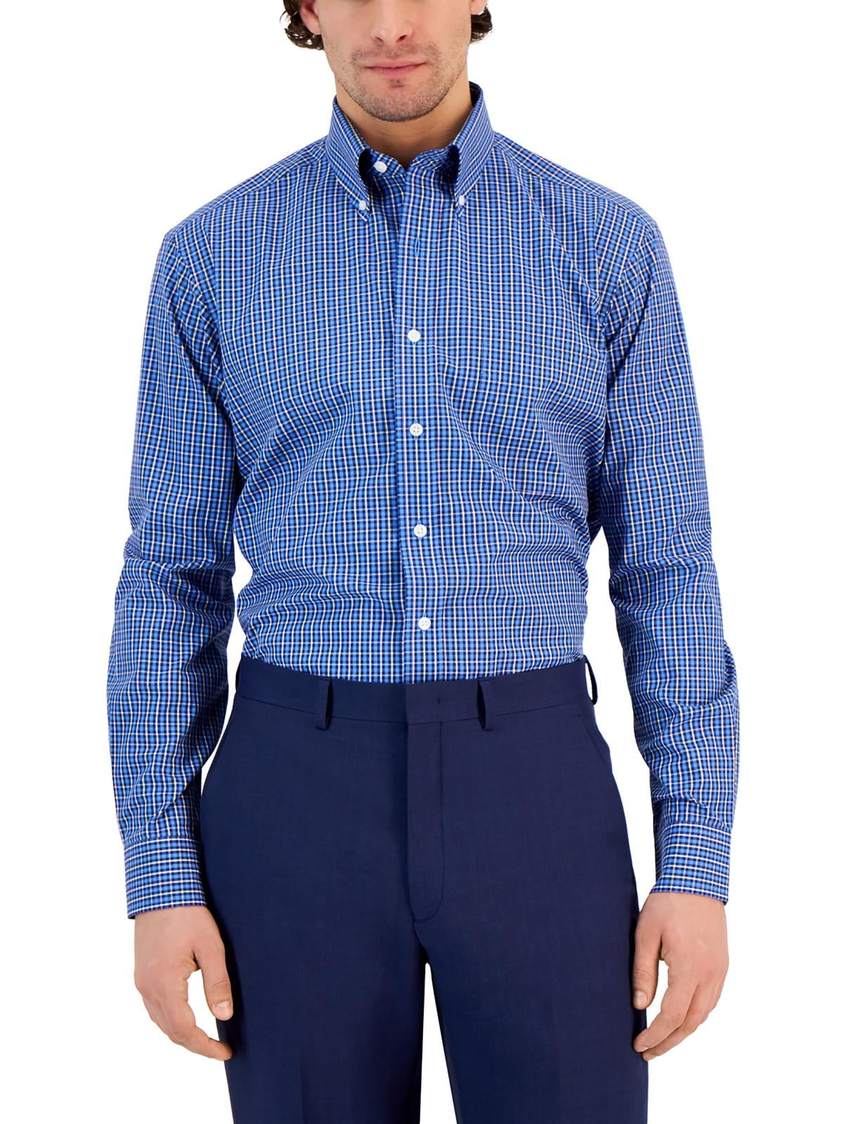 Club Room Men's Regular Fit Ditto Plaid Dress Shirt Blue Size 14X32X33