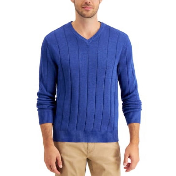 Club Room Mens Drop-Needle V-Neck Cotton Sweater, Large