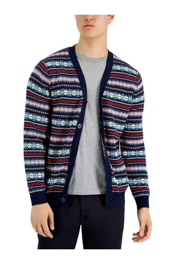 Mens Cozy Fair Isle Button Up Cardigan Navy Blue S