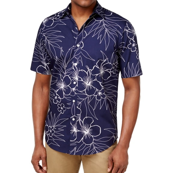 Club Room Mens Floral Sketch Button Up Shirt, Blue, Small