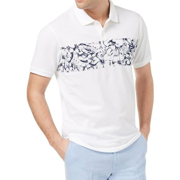 Club Room Mens Floral Stripe Polo Shirt, White, XX-Large