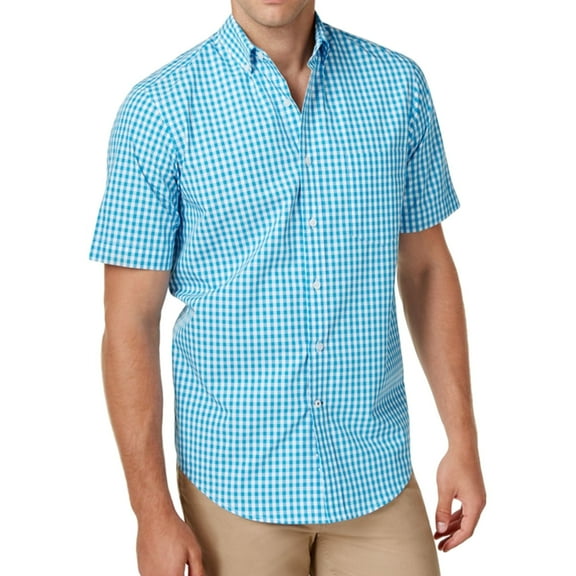 Club Room Mens Gingham Check SS Button Up Shirt, Blue, Small