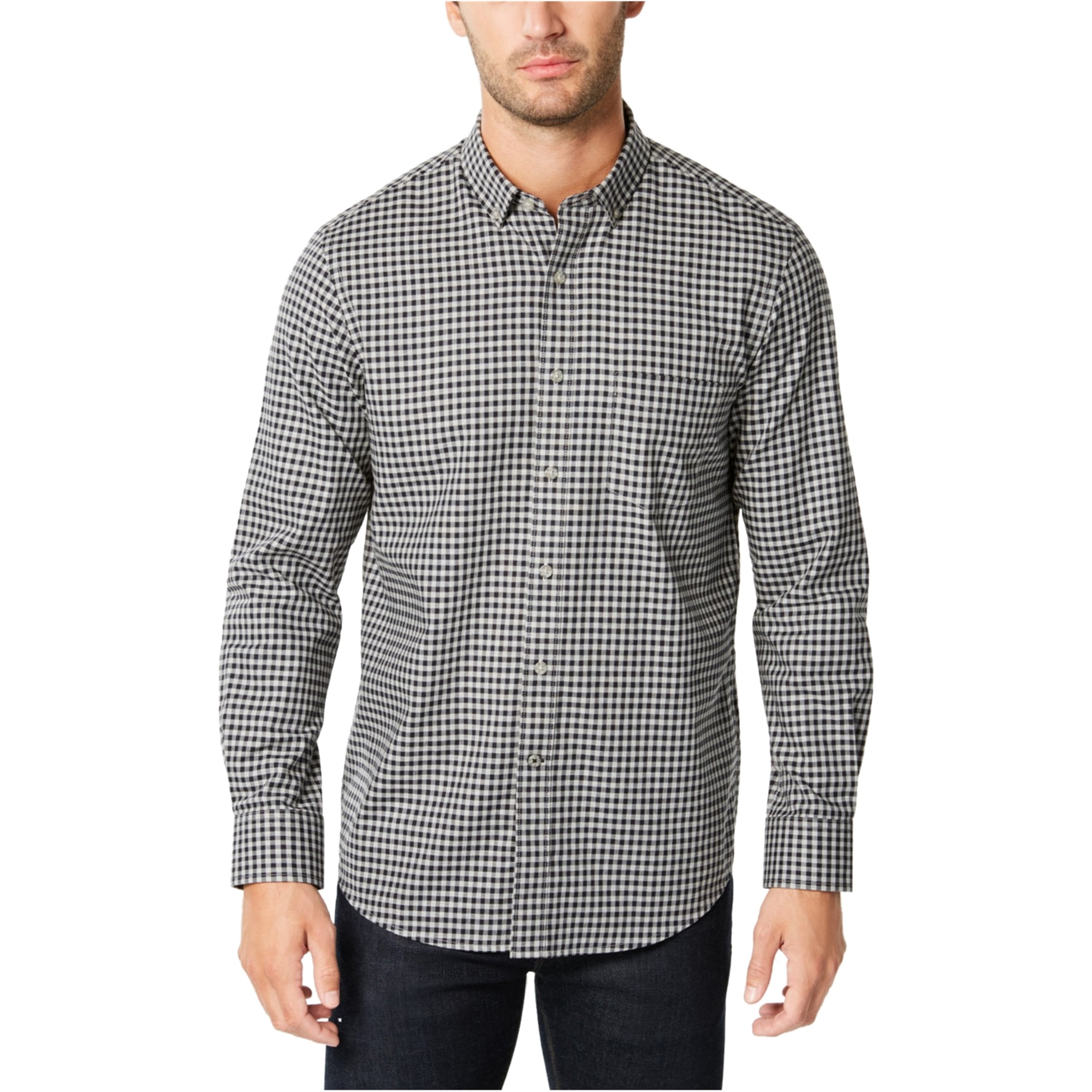 Club Room Mens Gingham Long Sleeve Button Up Shirt, Black, Small