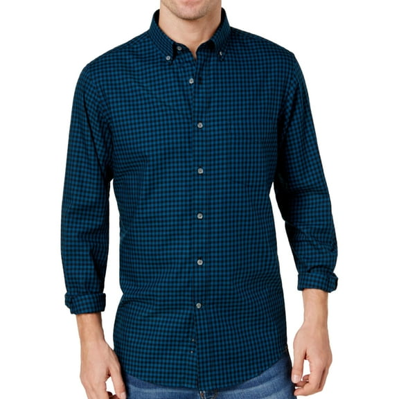Club Room Mens Gingham Long Sleeve Button Up Shirt, Blue, Small
