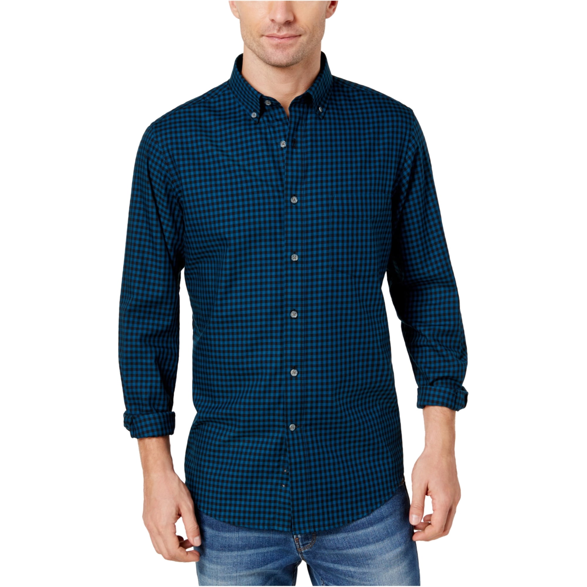 Club Room Mens Gingham Long Sleeve Button Up Shirt, Blue, Small