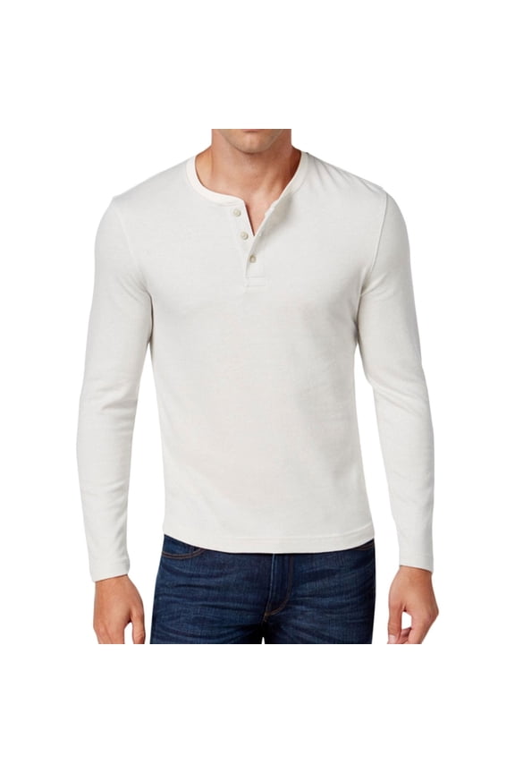 Mens Long Sleeve Herringbone Henley Shirt, Off-White, XX-Large