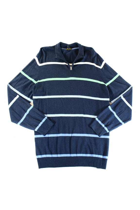 Mens Medium Striped 1/2 Zip Silk Sweater (Blue, M)