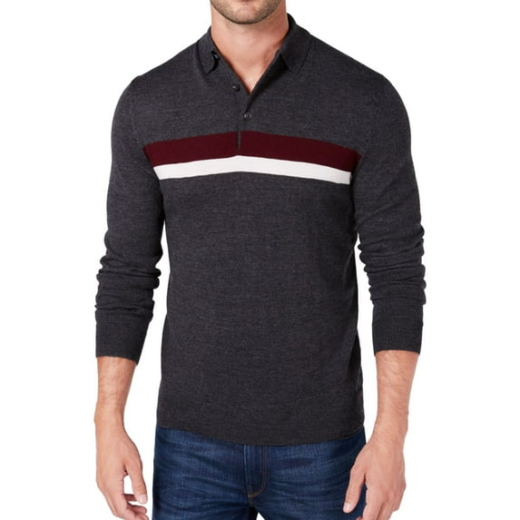 Club Room Mens Merino Stripe Polo Shirt, Grey, X-Large