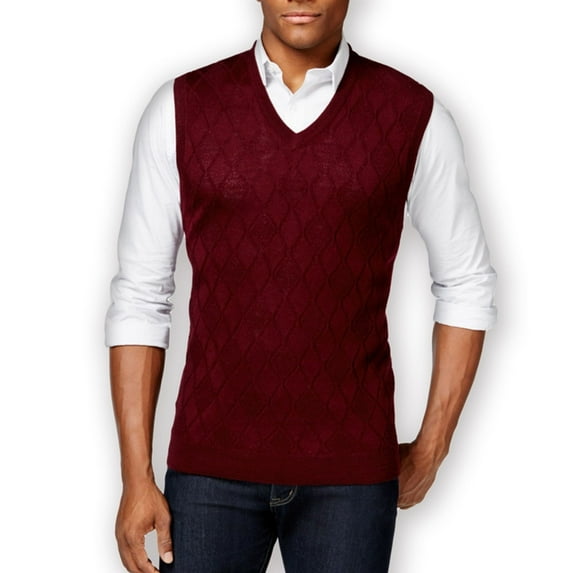 Club Room Mens Merino Textured Argyle Sweater Vest, Red, LT