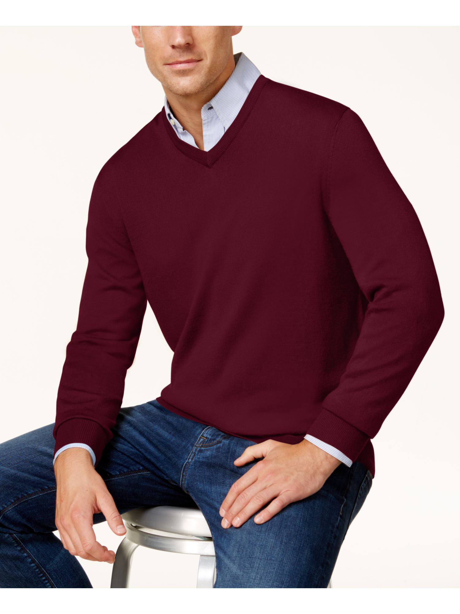 Club Room Mens Merino Wool Blend V Neck Pullover Sweater Red S