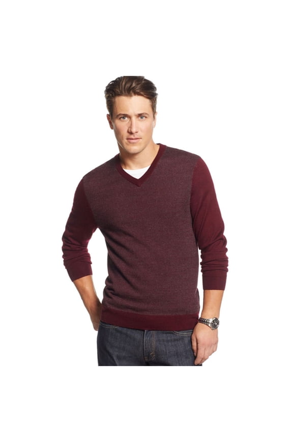 Mens Merino Wool Herringbone Jacquard Pullover Sweater, Red, LT