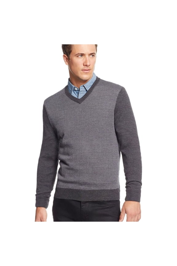 Mens Merino Wool Herringbone Pullover Sweater, Grey, Big & Tall, Big 3X