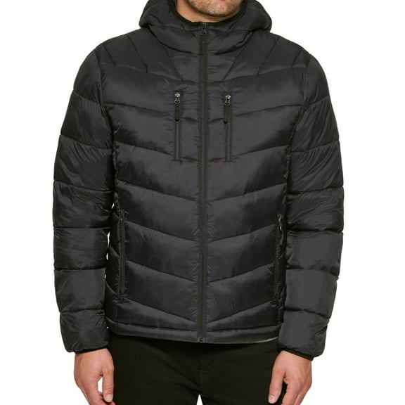 Club Room Mens Chevron Quilted Puffer Jacket, Black, X-Large