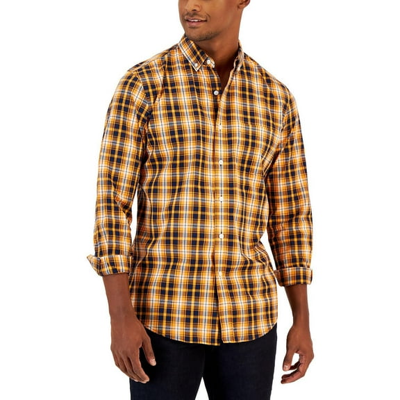 Club Room Mens Pascal Classic Fit Plaid Button Down Shirt Voltage Orange S