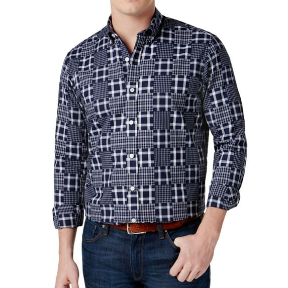 Club Room Mens Patchwork Print Button Up Shirt, Blue, Large