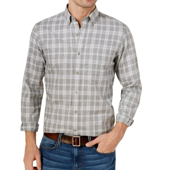Club Room Mens Plaid Button Up Shirt, Grey, Small