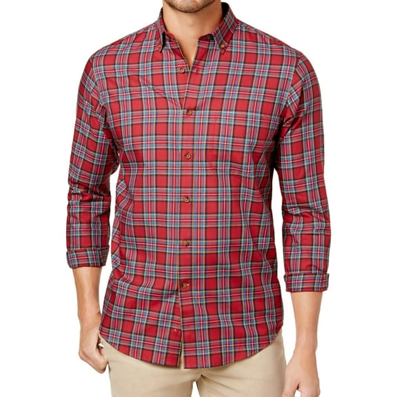 Club Room Mens Plaid Maraschino Button Up Shirt, Red, Small