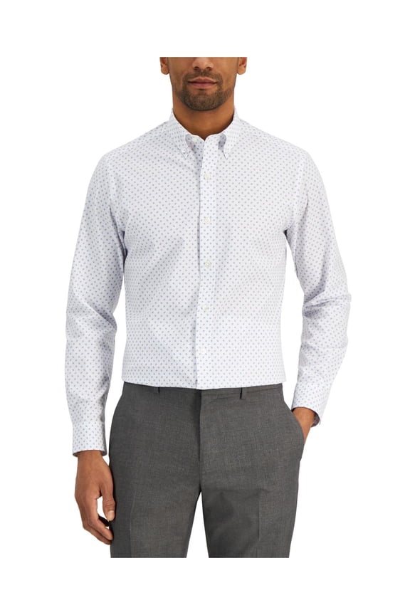 Mens Slim Fit 4 Way Stretch Ditsy Floral Dress Shirt White Blue XL