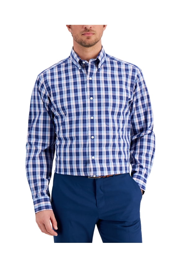 Mens Regular Fit Plaid Cotton Dress Shirt Navy Pink 16.5-32/33