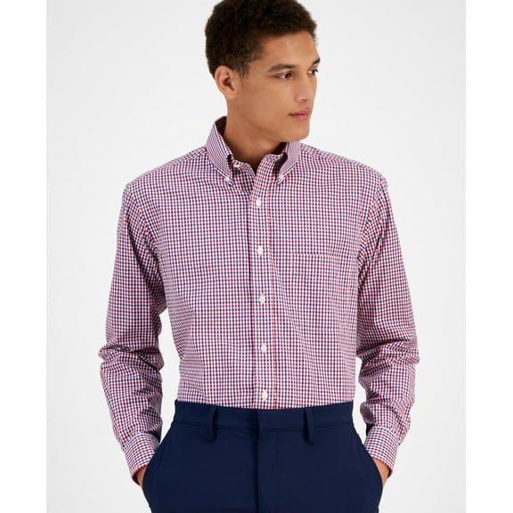 Club Room Mens Regular fit Dress Shirt Large 16.5 in 34-35 Red Blue Check