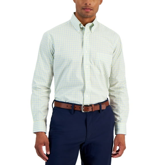 Club Room Men Regular fit Button-Up Shirt Yellow Light Blue Plaid 15.5 in 32-33