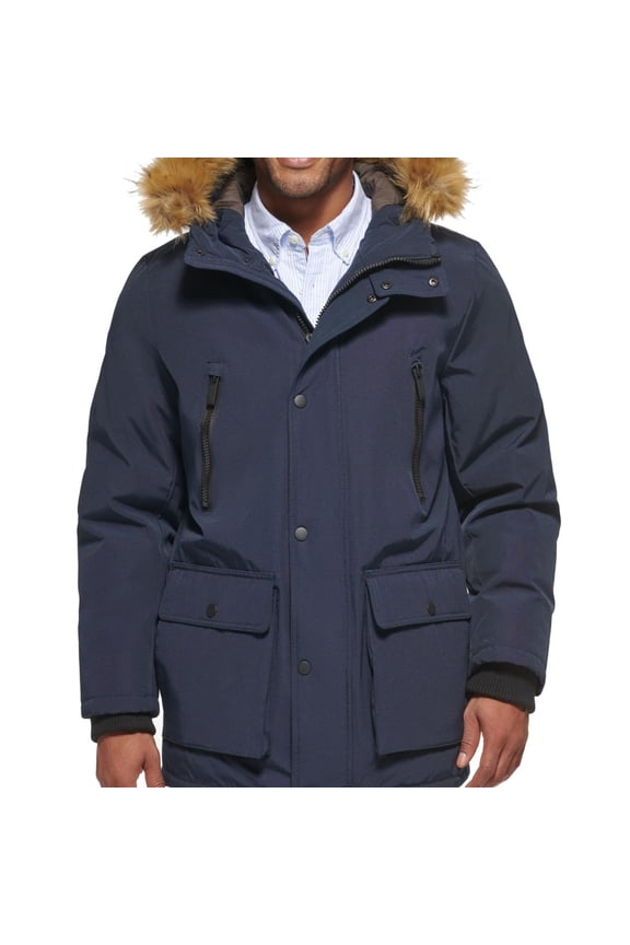 Mens Faux Fur Jacket Parka Coat, Blue, Large