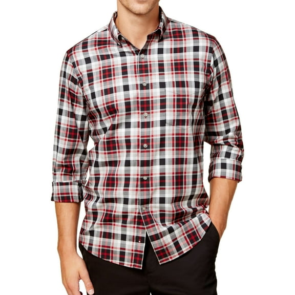 Club Room Mens Relaxed Plaid Button Up Shirt, Black, Small