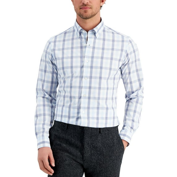Club Room Men's Slim Fit 4 Way Stretch Gingham Dress Shirt Blue Size Large