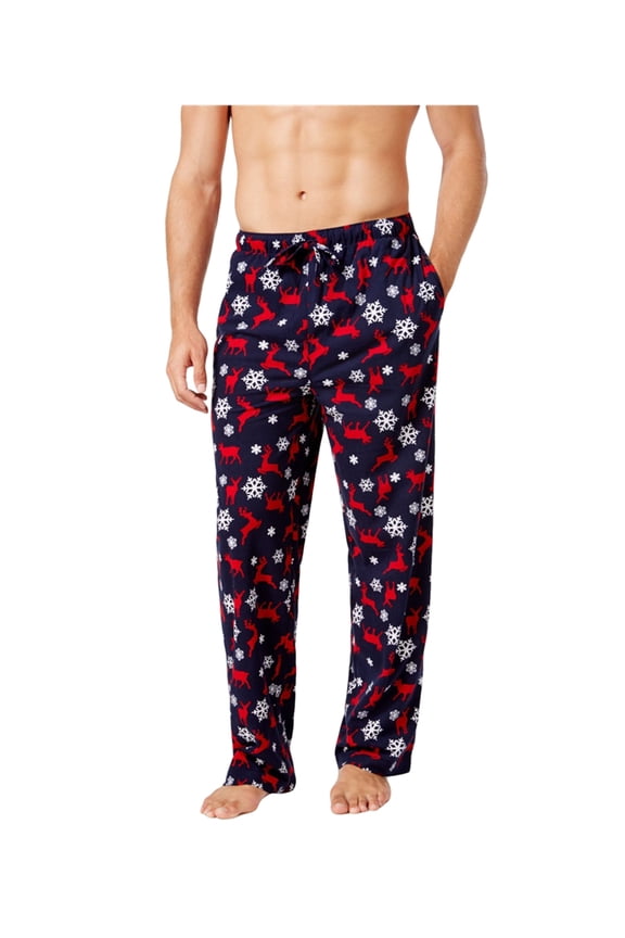 Mens Snow Deer-Print Pajama Lounge Pants, Blue, Medium