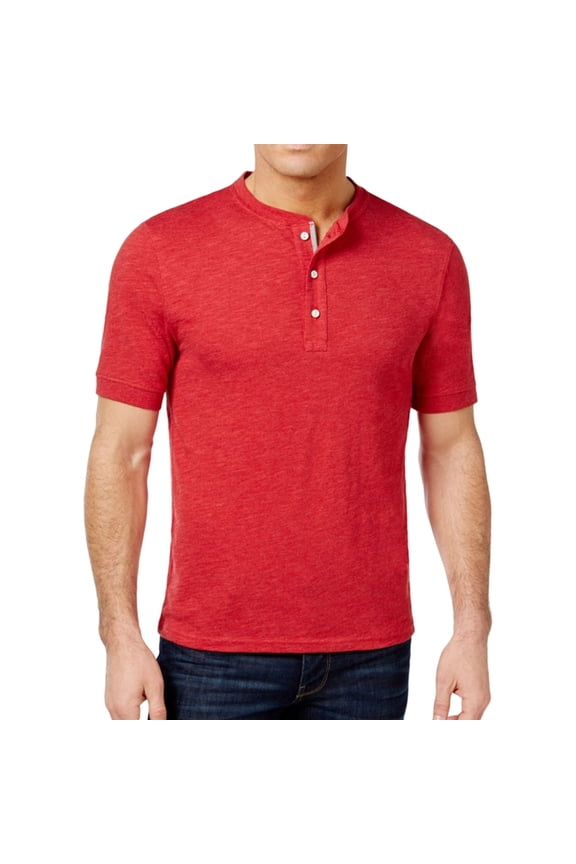 Mens Solid SS Henley Shirt, Red, Small