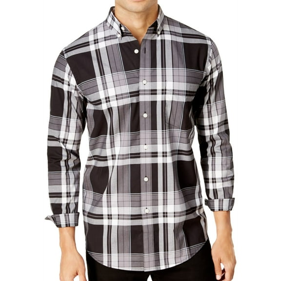Club Room Mens Stretch Plaid Button Up Shirt, Black, Small