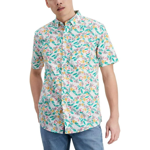 Club Room Mens Regular Fit Tropical Toucan Print Poplin Shirt Bright White Combo M