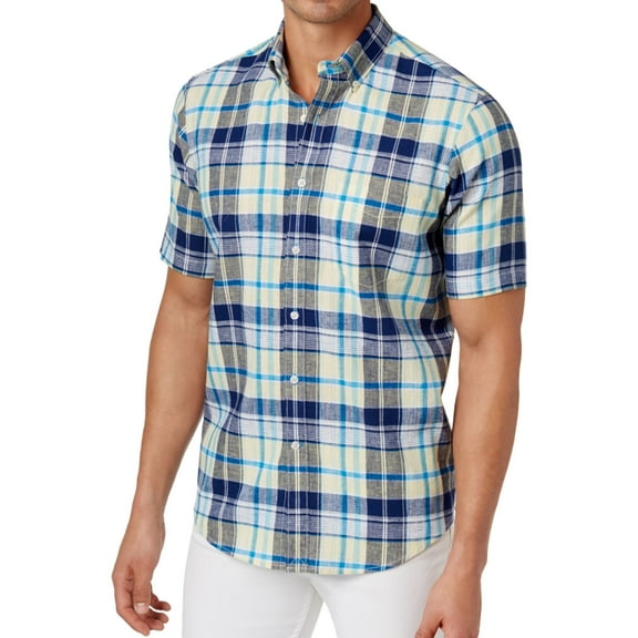 Club Room Mens Wade Plaid Button Up Shirt, Blue, Small