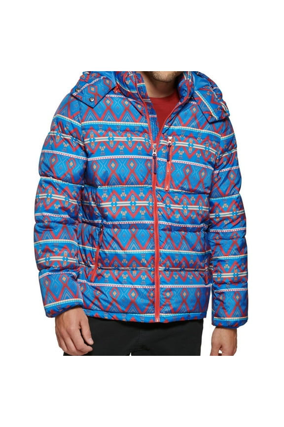 Mens Puffer Jacket Coat XL Blue Multi Stretch Kings Patch Work