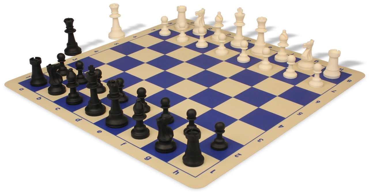Club Special Silicone Chess Set Black & Ivory Pieces with Blue & Buff Silicone Board - 3.5" King