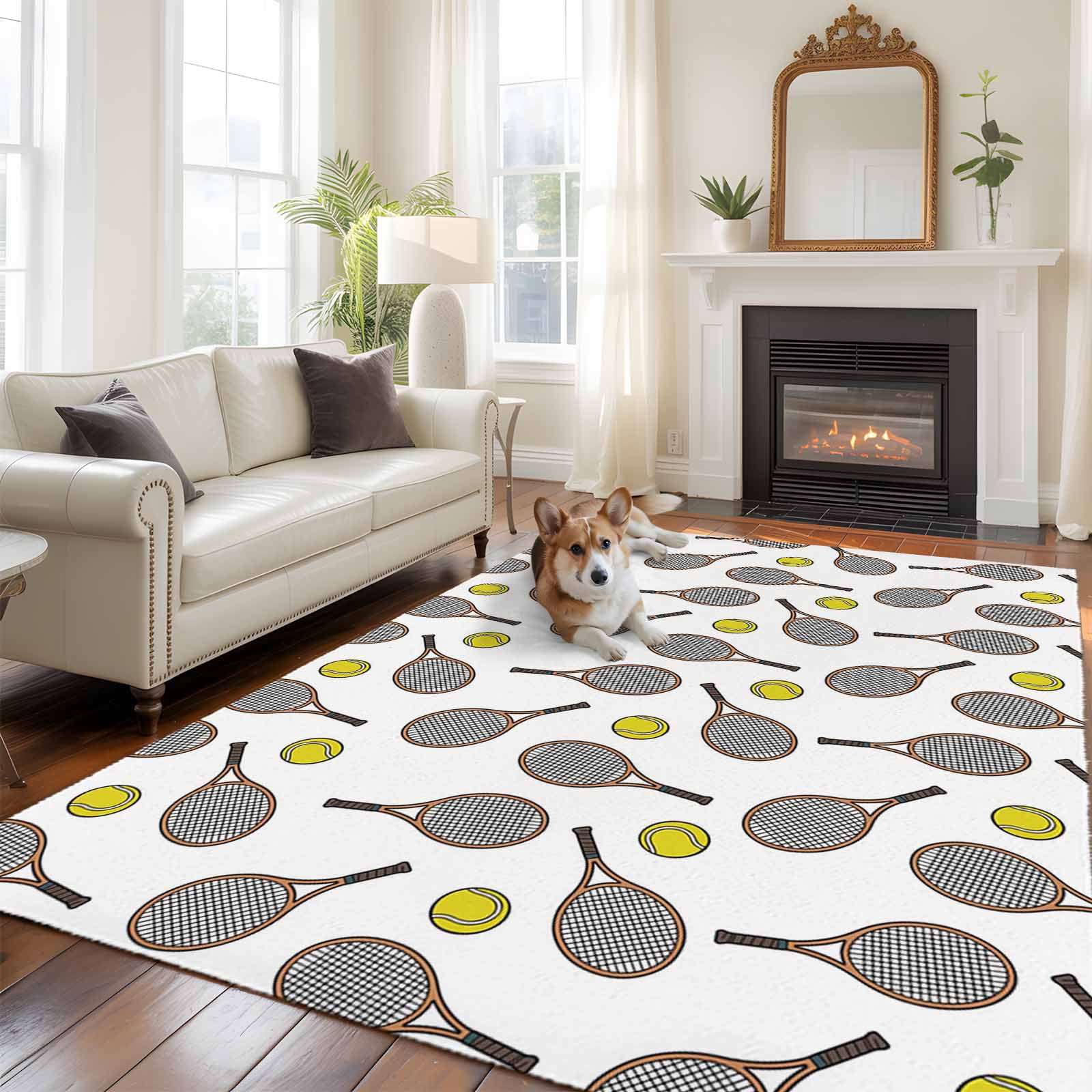 Neutral Sports Rug Club Style Tennis Area Rugs 5x7 ft Sports Themes Yellow Tennis ...