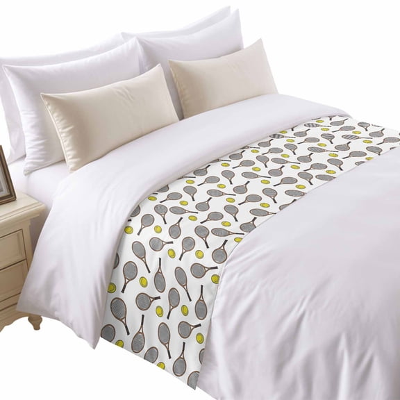Club Style Tennis Bed Runner for Cal King Size Bed, Sports Themes Yellow Tennis Athletics Art Soft Bedding Scarf Bedding Protector Slipcover Sofa Throw for Bedroom Hotel Guesthouse