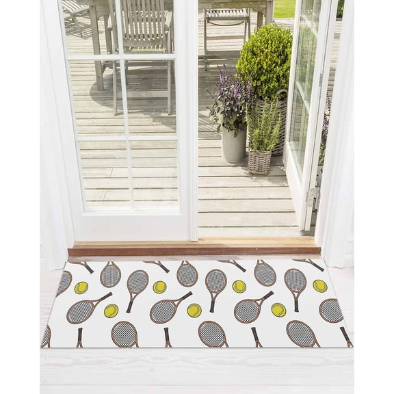 Club Style Tennis Front Door Mat Sports Themes Yellow Tennis Athletics Art Welcome Doormat Indoor Outdoor Entrance Floor Mat Non-Slip Washable Runner Rug for Front Porch Decor 20x47 Inch